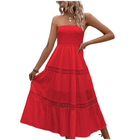 Red Maxi Dress Size 6 | Boho Summer | Smocked Top - Picture 1 of 6
